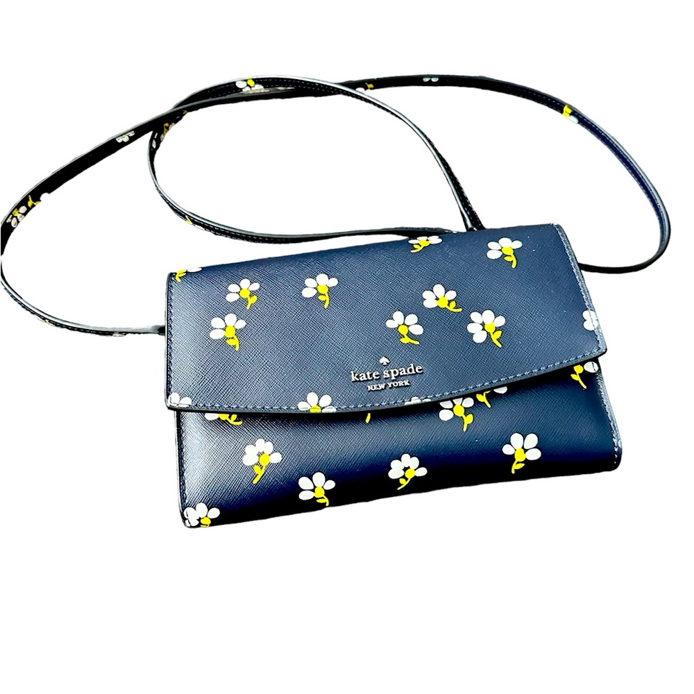 Rare! HTF! - BRAND NEW! KATE SPADE Navy Blue Floral Cross Body Wallet Free Ship!